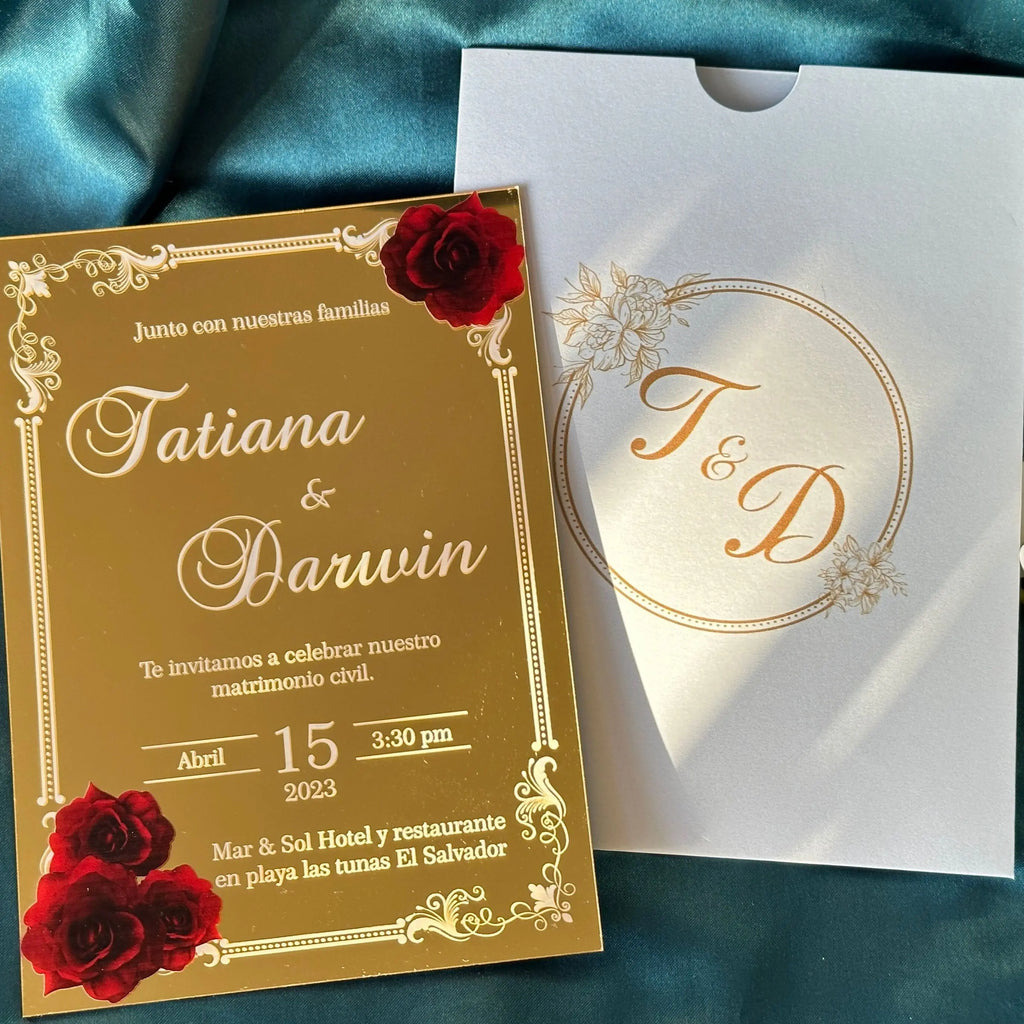 Convites de Casamento em Acrílico Espelhado Dourado – Pack de 10 | Luxo Personalizado
