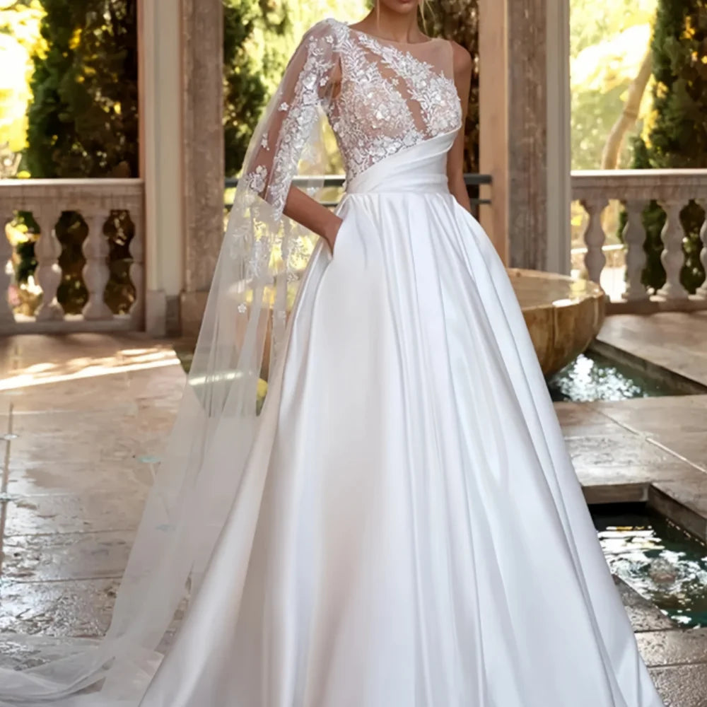 Vestido de Noiva Boho de Um Ombro com Renda