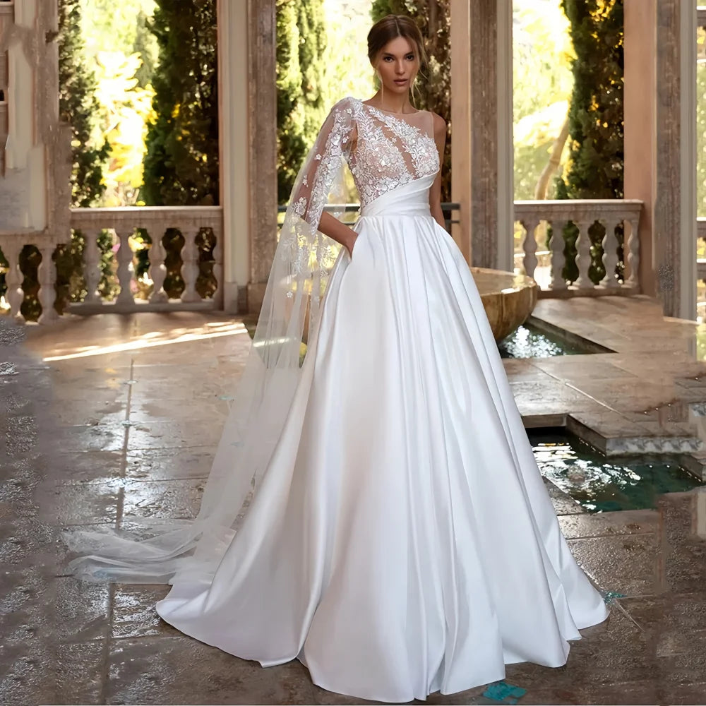 Vestido de Noiva Boho de Um Ombro com Renda