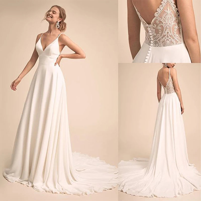 Vestido de Noiva Simples V-Neck com Renda nas Costas — Modelo A-Line