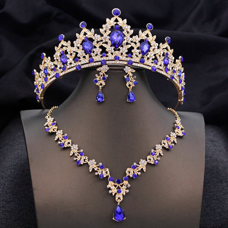 Conjunto de Joias de Princesa com Tiara Azul Opala – Coroa, Colar e Brincos