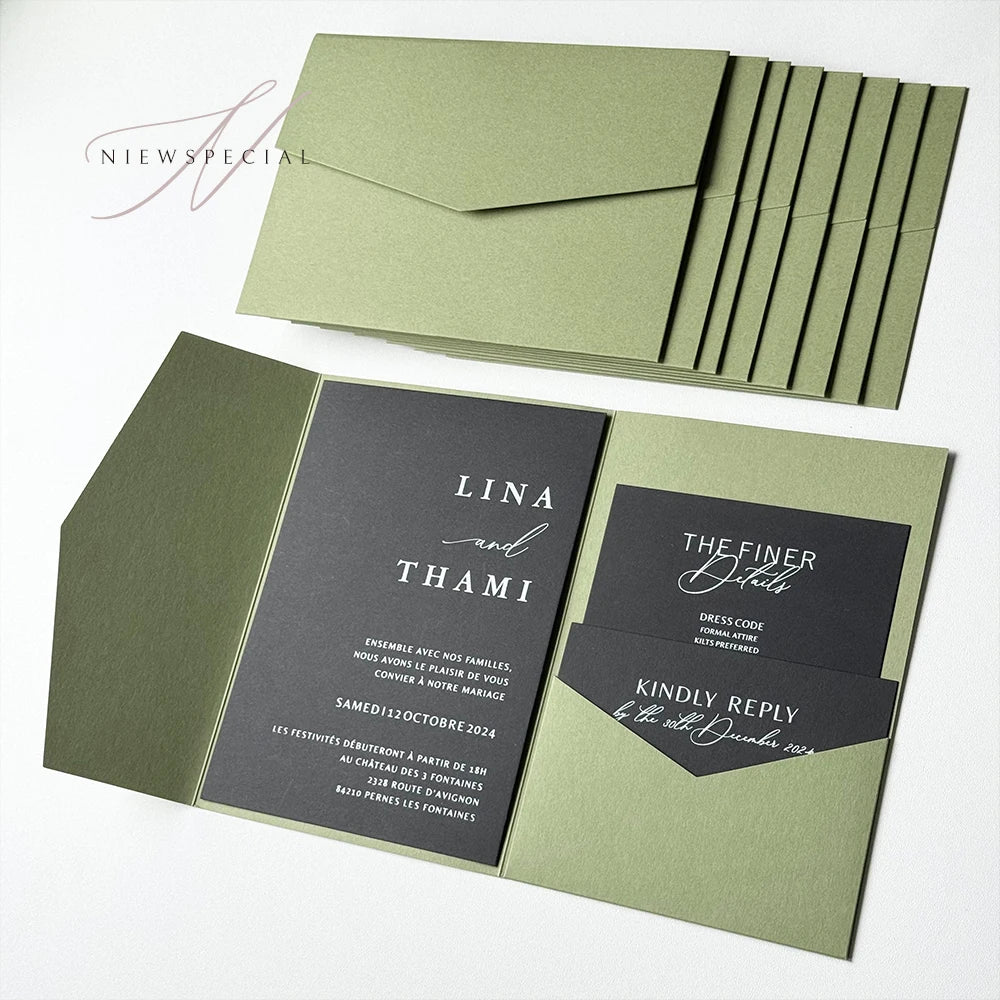 Convites Pocketfold DIY Verde Sálvia – 20 ou 25 Unidades | Personalize o Convite Perfeito