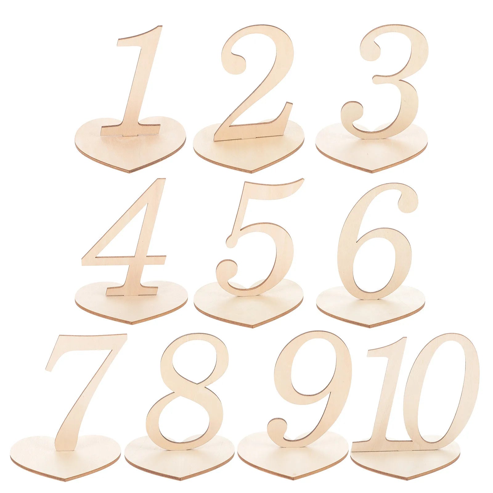 Números de Mesa em Madeira com Base em Coração (Conjunto de 10)