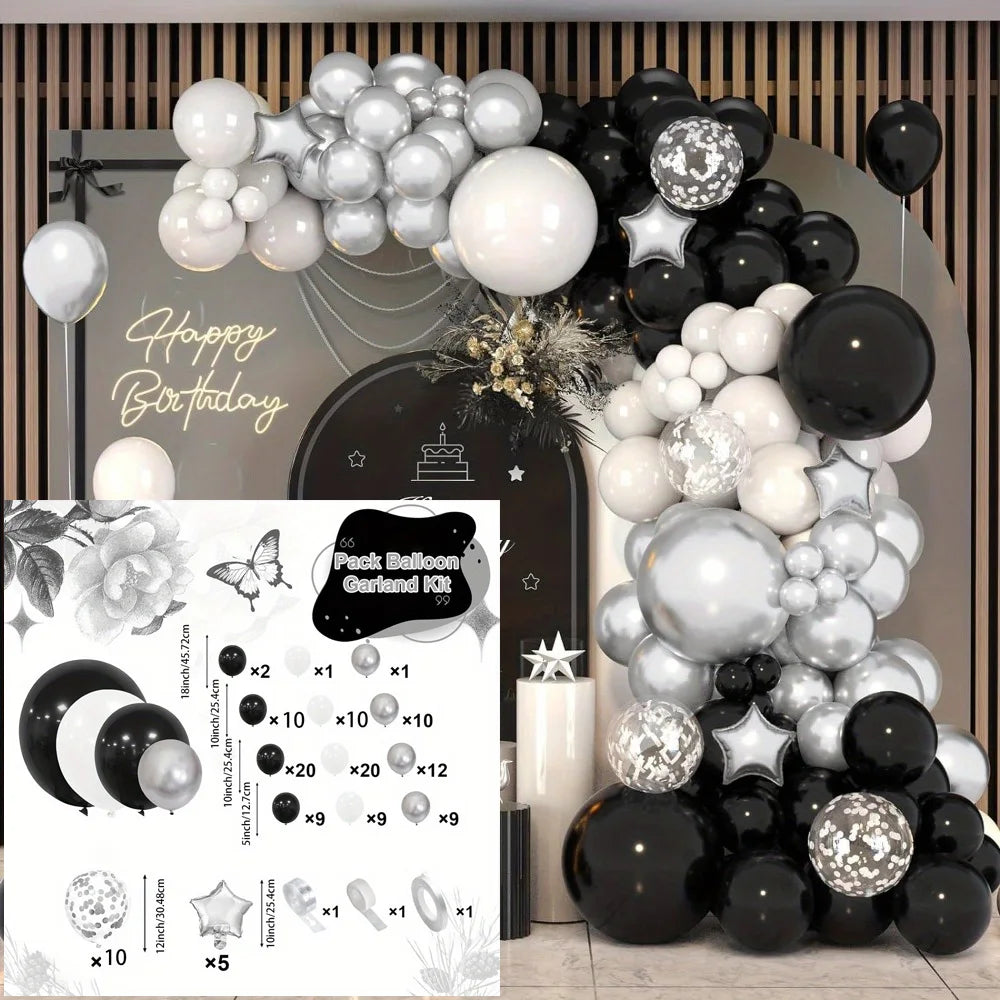Kit de 131 Balões Preto, Branco e Prateado – Decoração Elegante para Festas e Eventos