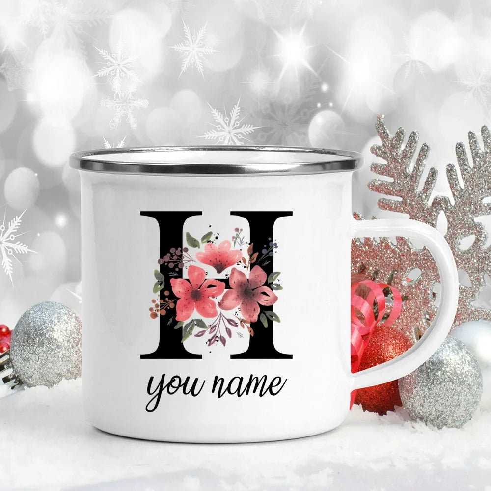 Caneca Esmaltada Personalizada com Nome e Flor