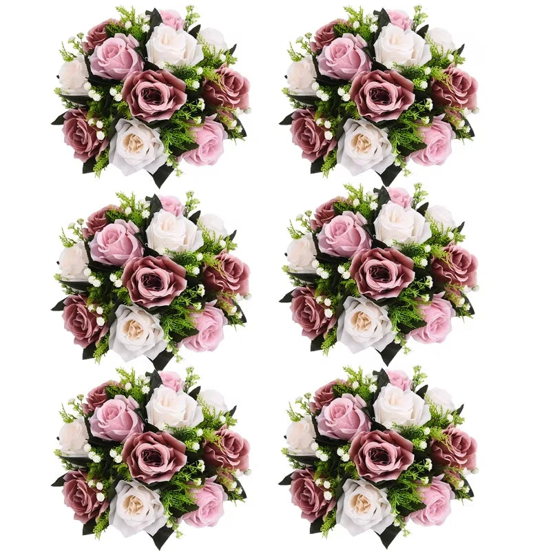 Conjunto de 6 Bolas Florais Artificiais com Rosas – Centros de Mesa para Casamentos