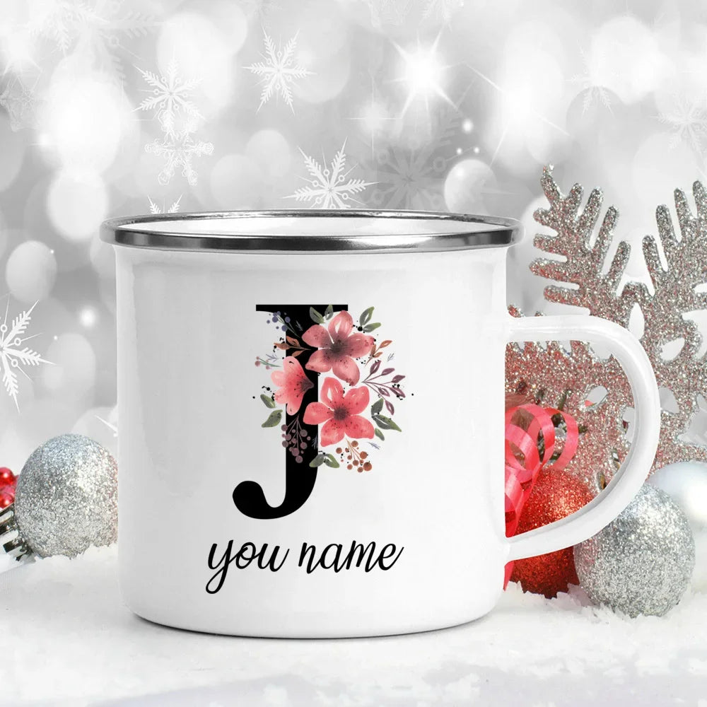 Caneca Esmaltada Personalizada com Nome e Flor