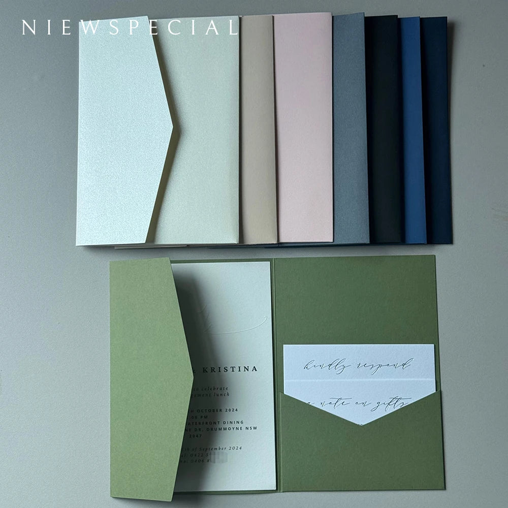Convites Pocketfold DIY Verde Sálvia – 20 ou 25 Unidades | Personalize o Convite Perfeito