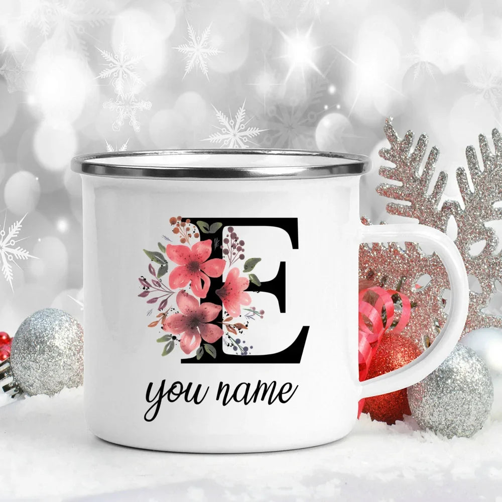 Caneca Esmaltada Personalizada com Nome e Flor