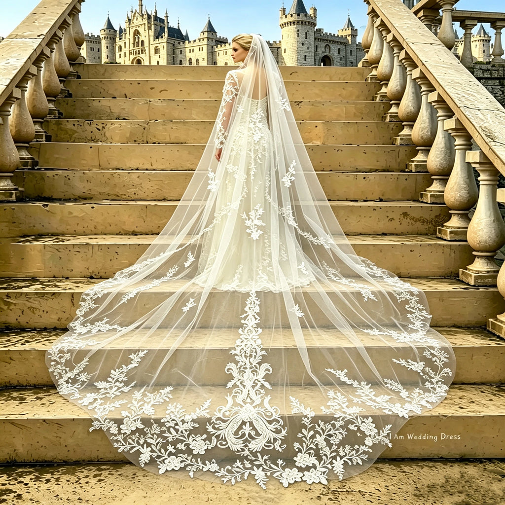 Véu Catedral de Noiva com Renda Bordada – Elegância Majestosa para um Casamento de Sonho