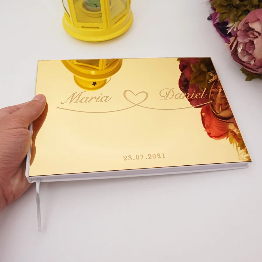 Livro de Honra Personalizado com Capa Espelhada em Acrílico | Álbum Horizontal para Casamento