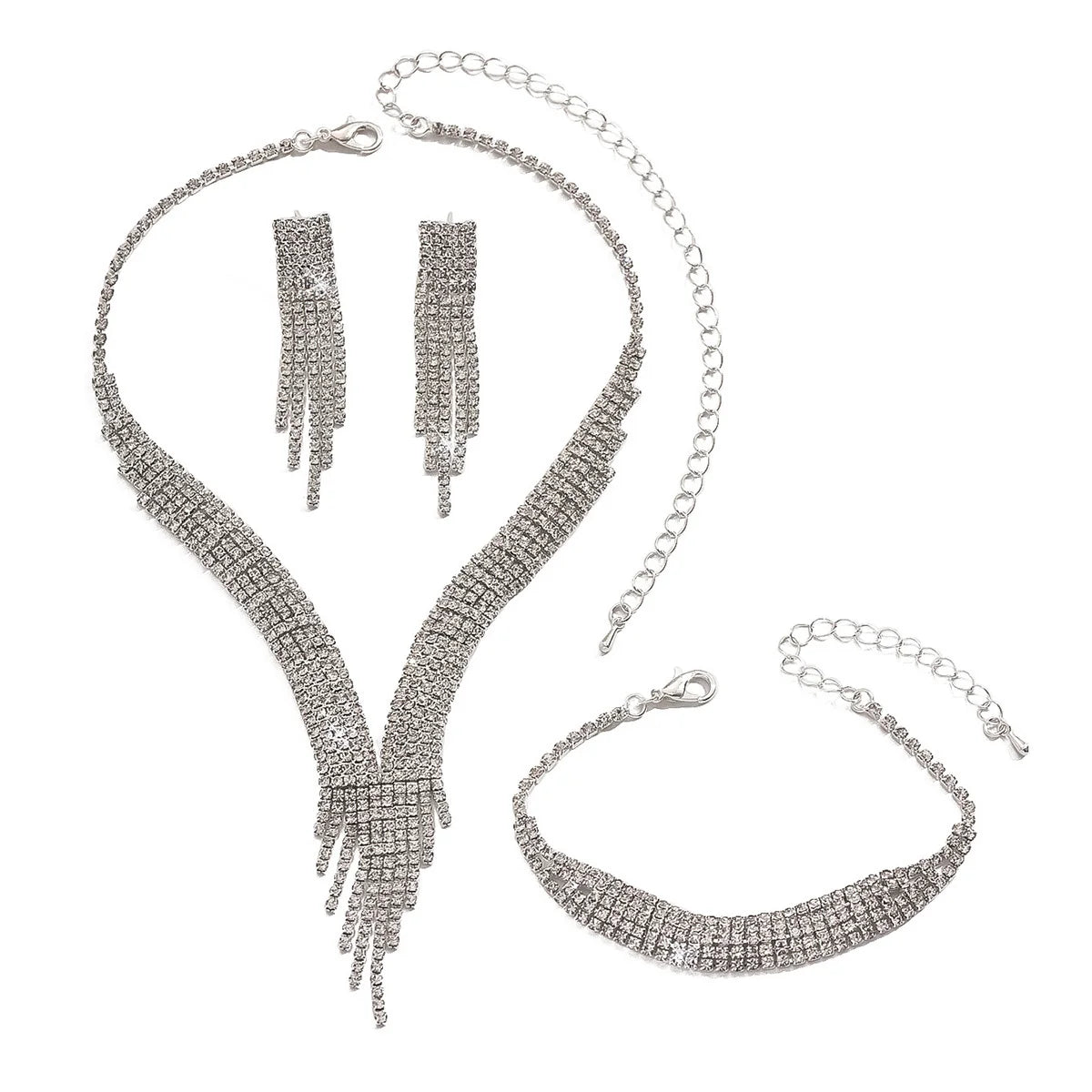 Conjunto Luxo de Noiva com Cristais – Colar de Franjas, Brincos e Pulseira