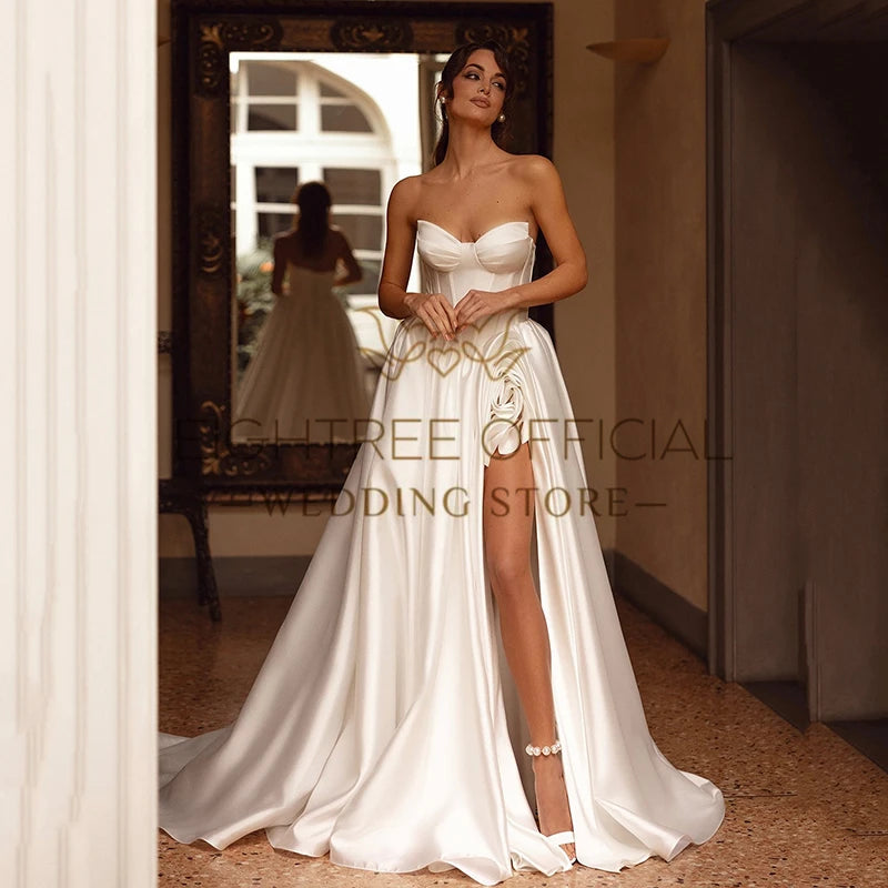 Vestido de Noiva Boho A-Line com Fenda Lateral e Decote Coração