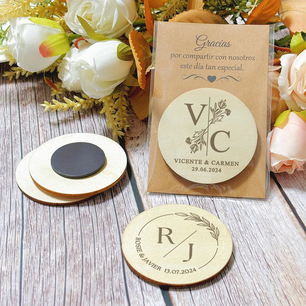 Íman de Madeira Personalizado com Cartão “Thank You” – Lembrança de Casamento Elegante