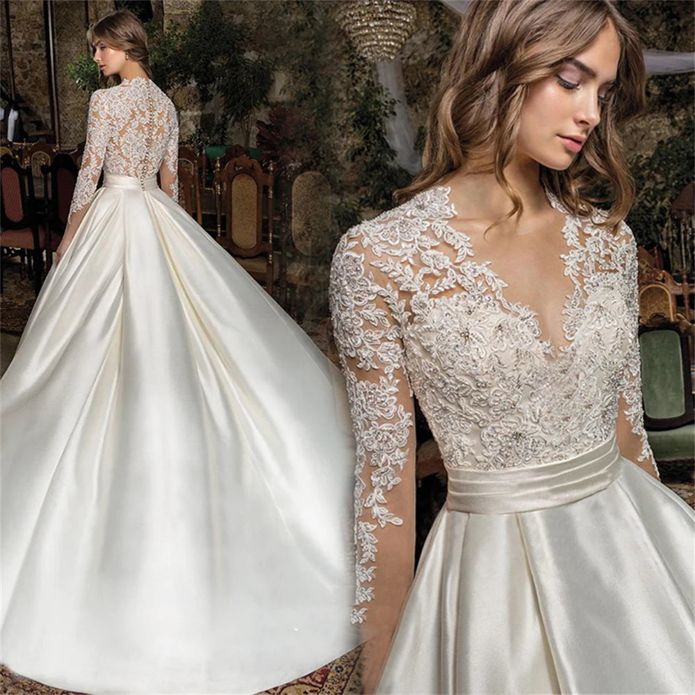 Vestido de Noiva Elegante com Renda e Manga Longa