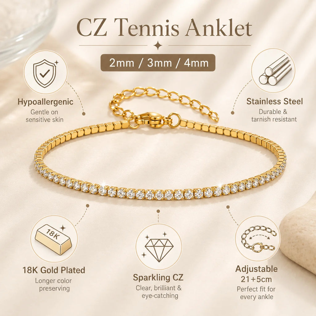 Tornozeleira Tennis com Zircónias – Aço Inoxidável Banhado a Ouro 18K