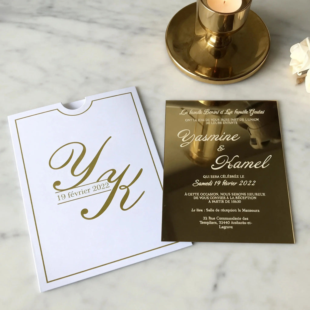 Convites de Casamento em Acrílico Espelhado Dourado – Pack de 10 | Luxo Personalizado