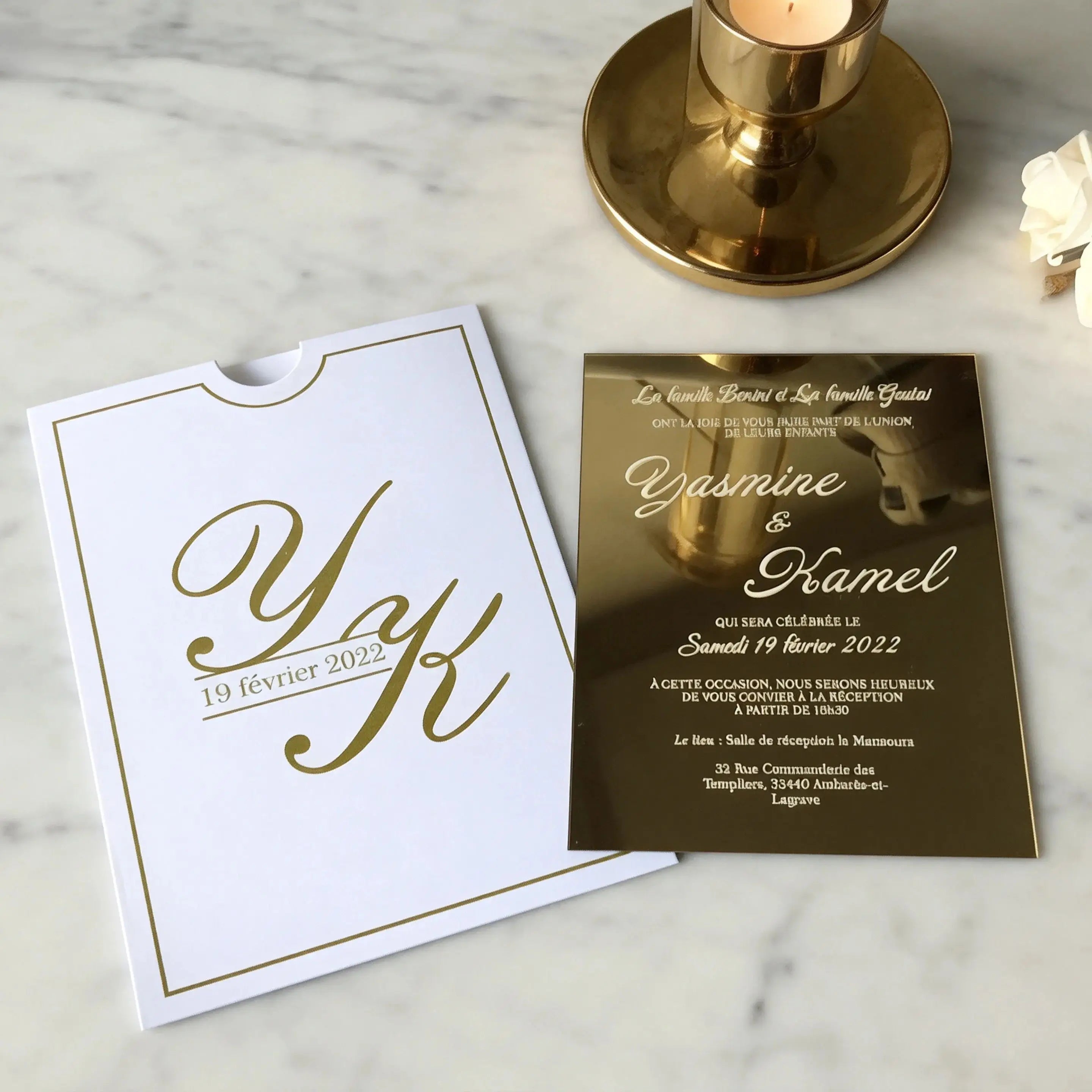 Convites de Casamento em Acrílico Espelhado Dourado – Pack de 10 | Luxo Personalizado