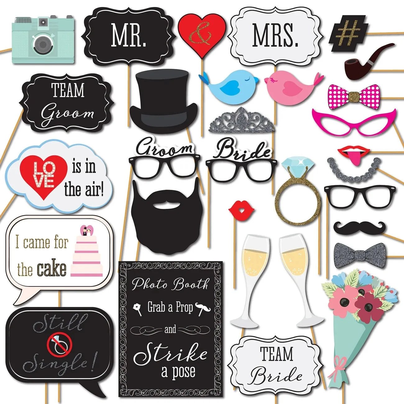 Kit com 31 Acessórios para Fotografias de Casamento – Bride, Groom, Mr & Mrs