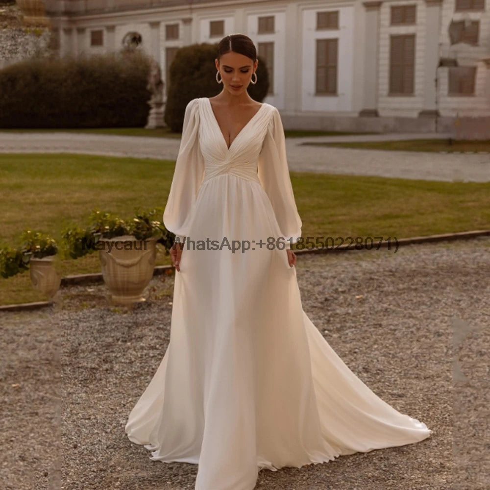 Vestido de Noiva em Chiffon A-Line com Decote em V e Mangas Bufantes