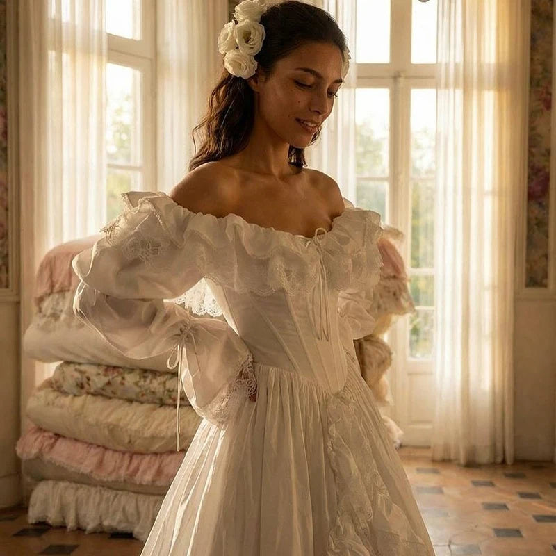 Vestido de Noiva Princesa A-Line Vintage com Mangas Bufantes em Cetim e Cauda Suave – Personalizado