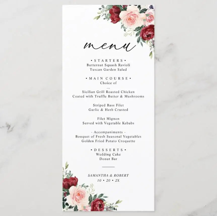 Menus de Casamento Personalizados com Design Floral