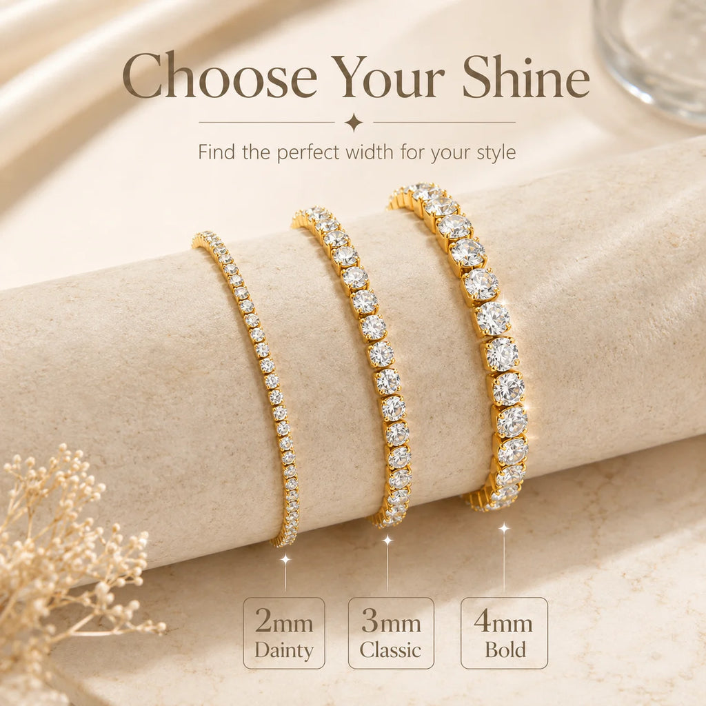 Tornozeleira Tennis com Zircónias – Aço Inoxidável Banhado a Ouro 18K