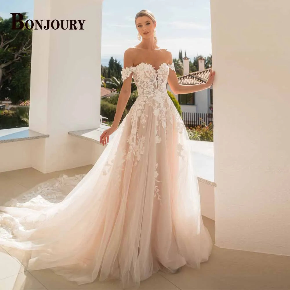 Vestido de Noiva BONJOURY em Linha A com Ombros à Mostra