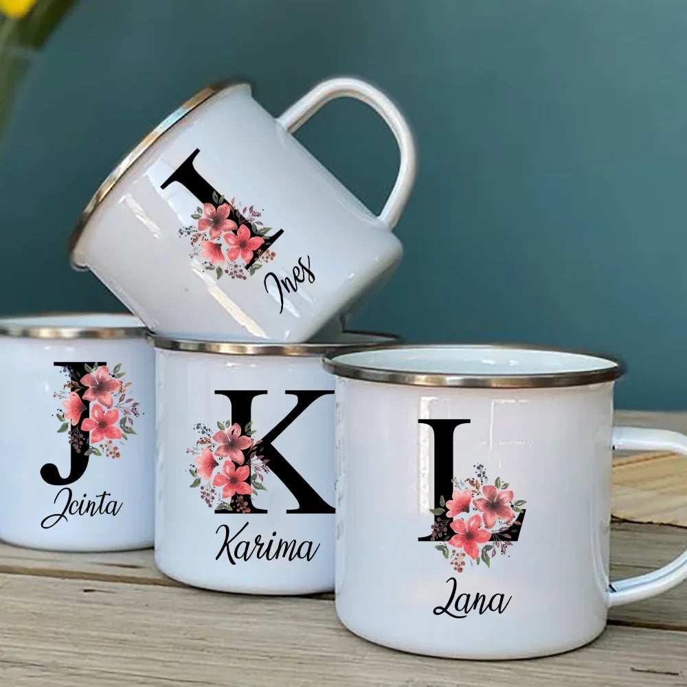 Caneca Esmaltada Personalizada com Nome e Flor