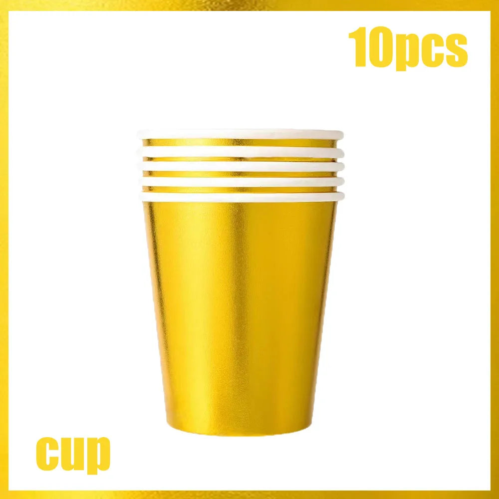 Conjunto de Louça Descartável Dourada – Copos, Pratos e Guardanapos para Festas