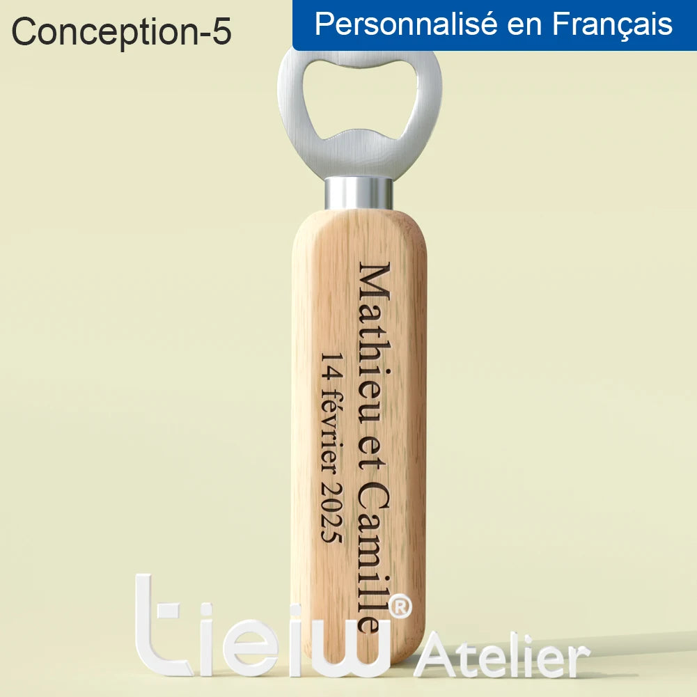Abridores de Garrafa em Madeira Personalizados – Lembrança de Casamento (12 Peças)