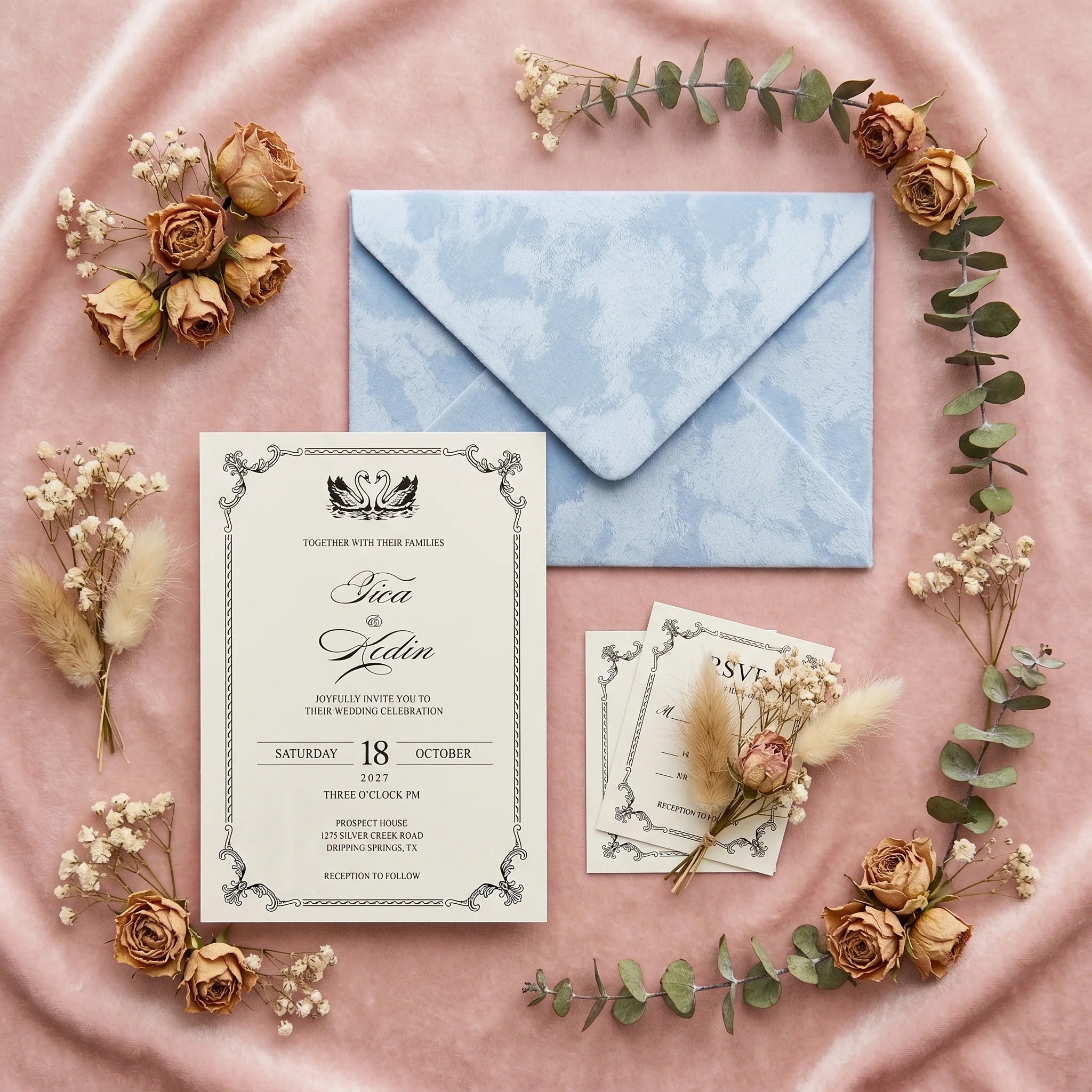 Convite de Casamento em Veludo Azul Poeira – Personalizado | Elegância Intemporal