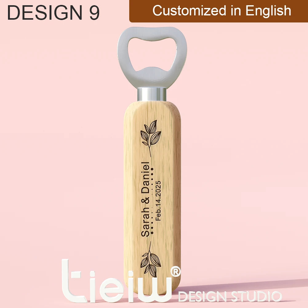 Abridores de Garrafa em Madeira Personalizados – Lembrança de Casamento (12 Peças)