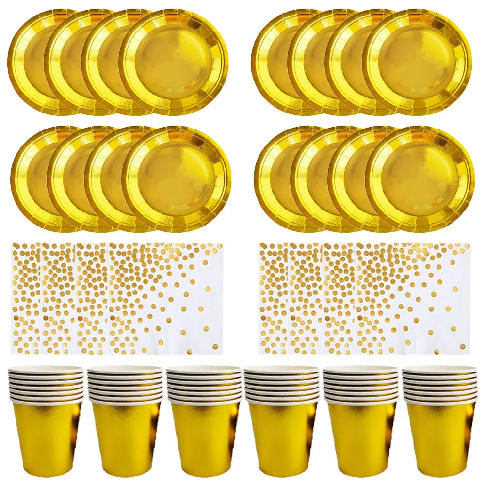 Conjunto de Louça Descartável Dourada – Copos, Pratos e Guardanapos para Festas