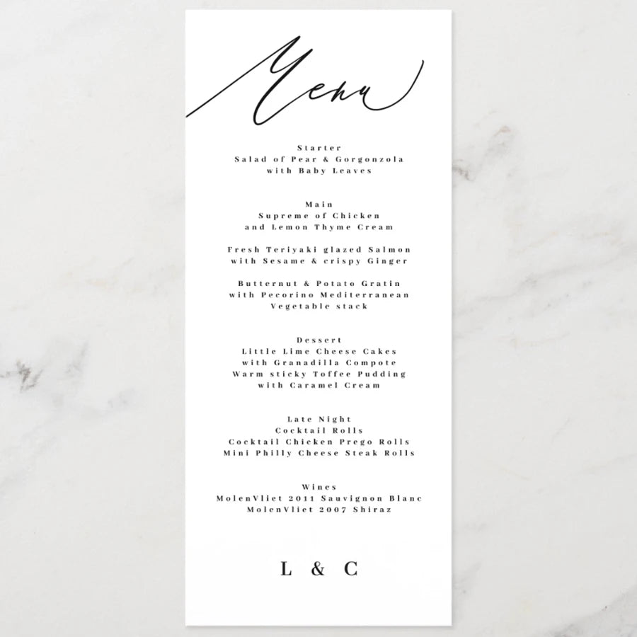 Menus de Casamento Personalizados com Caligrafia Elegante