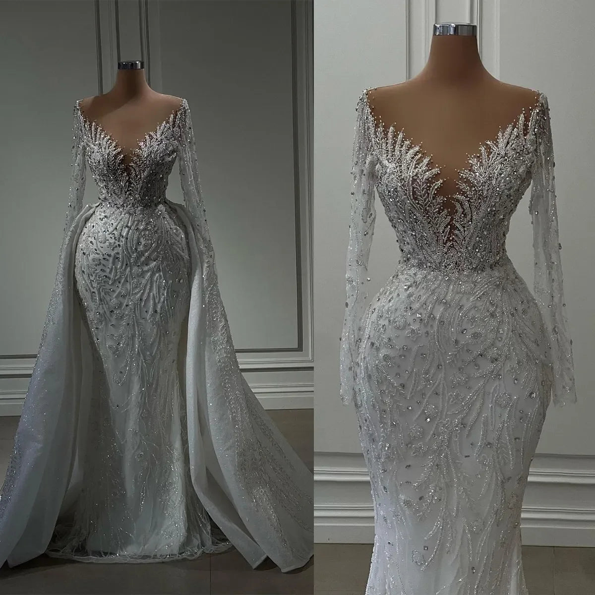 Vestido de Noiva Sereia em Renda com Cauda Removível e Pedrarias