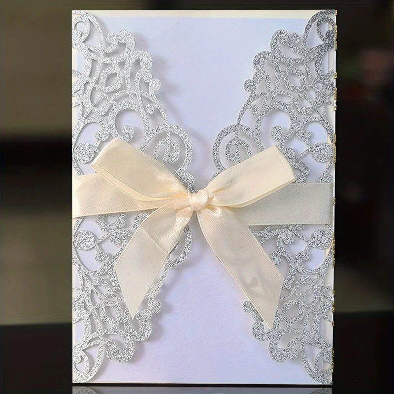 Convites de Casamento com Glitter e Fita – Pack de 10 | Elegância que Brilha