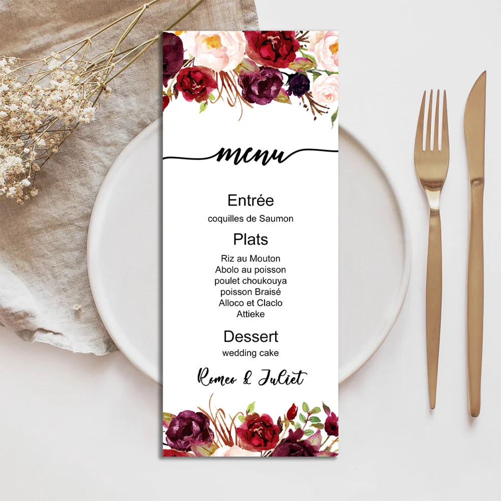 Menus de Casamento Personalizados 4 × 8" – Pack de 50