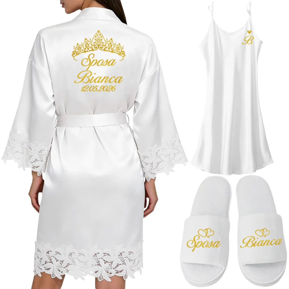 Robe Personalizado para Noiva – Com Nome e Data Bordados | Roupão de Cetim com Renda para Casamento