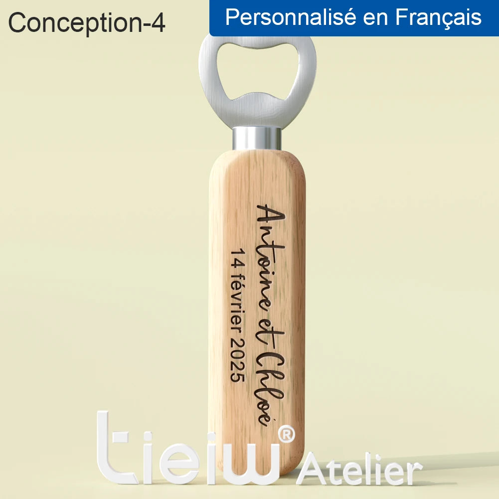 Abridores de Garrafa em Madeira Personalizados – Lembrança de Casamento (12 Peças)