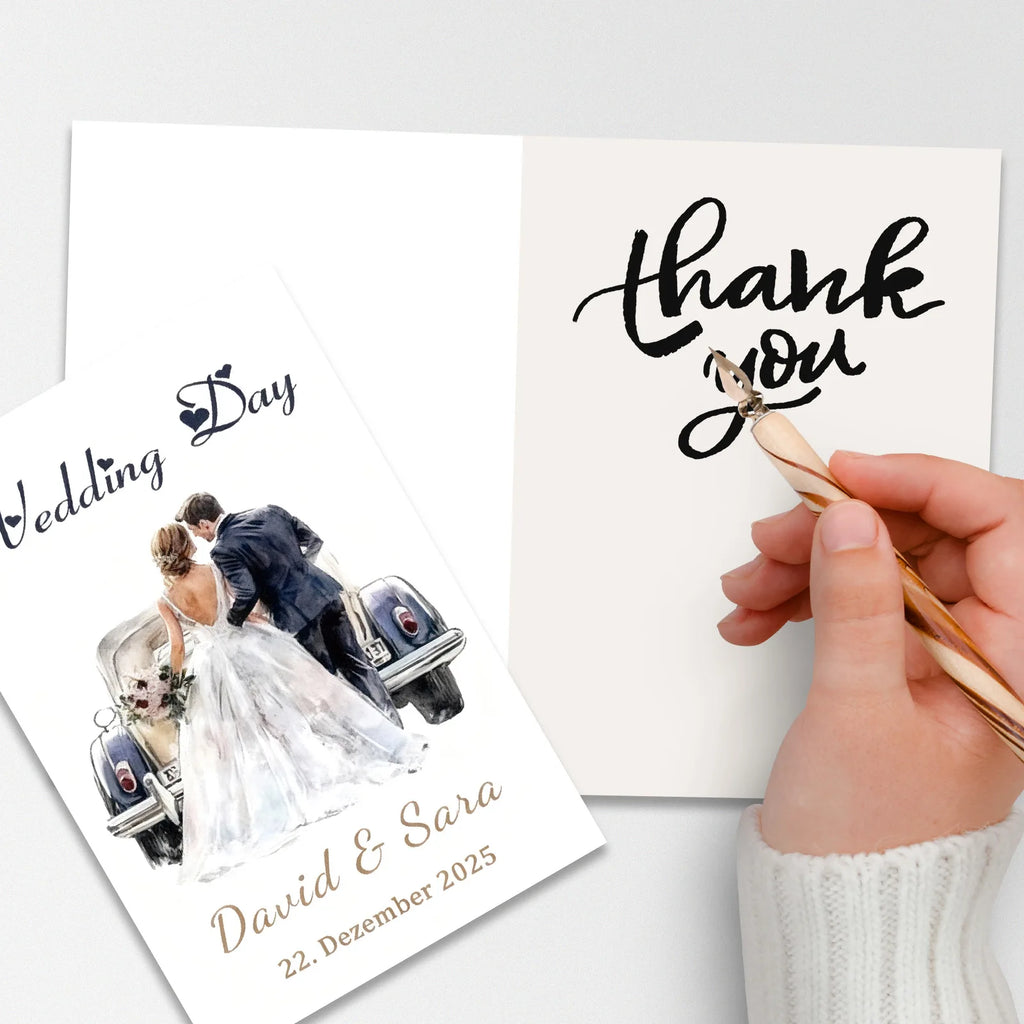 Convite de Casamento com Envelope – Ilustração em Aguarela de Carro dos Noivos | Personalizável