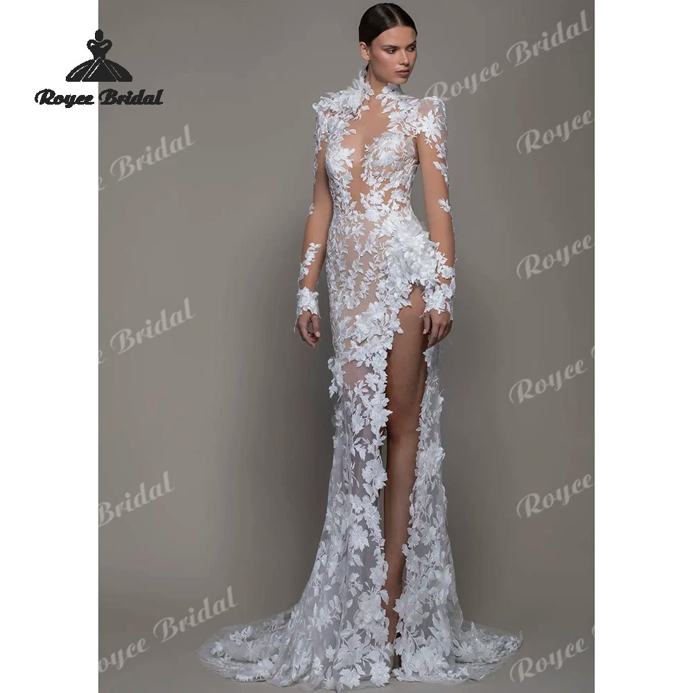 Vestido de Noiva Sereia Boho com Flores 3D, Costas Abertas e Fenda