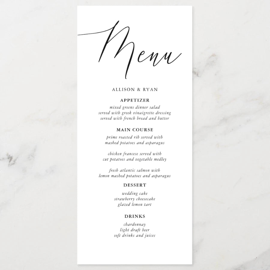Menus de Casamento Personalizados com Caligrafia Elegante