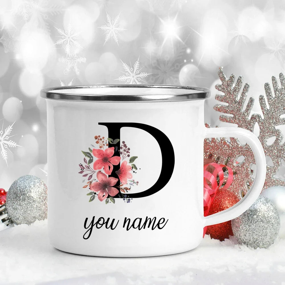 Caneca Esmaltada Personalizada com Nome e Flor