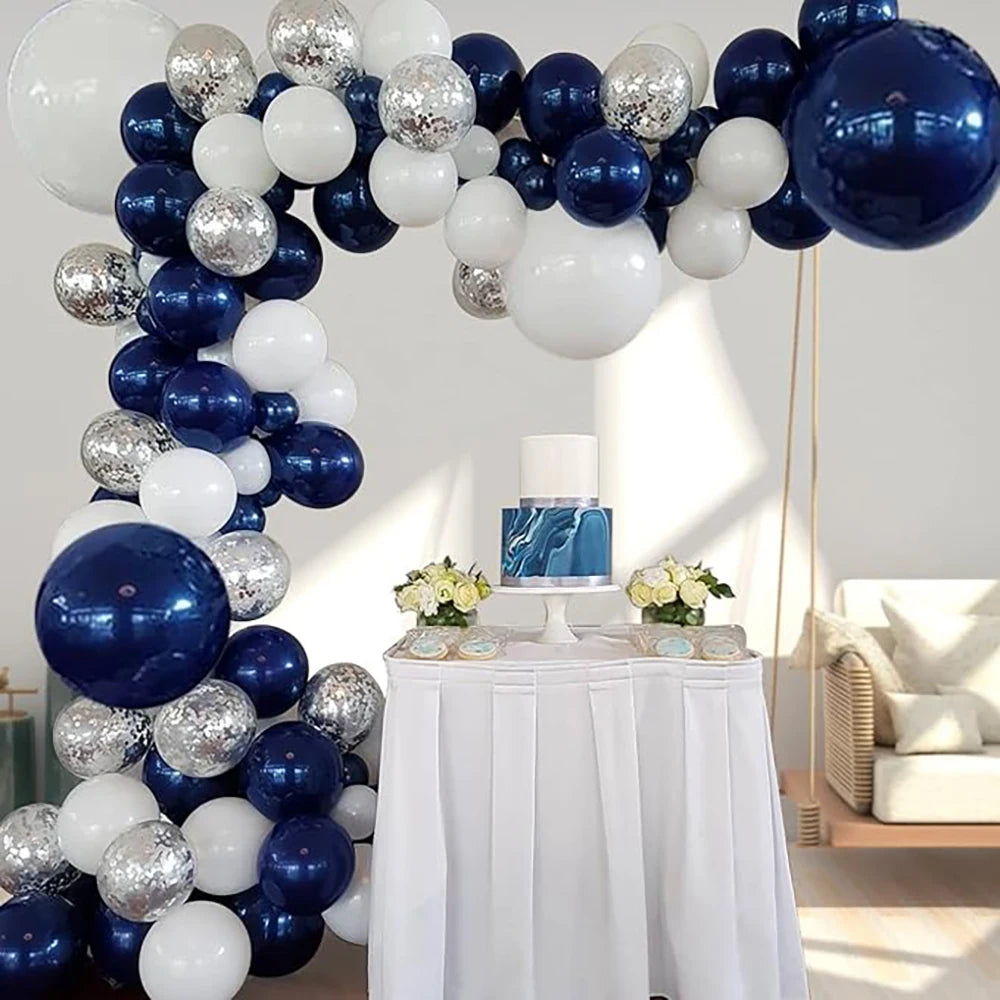 Kit Arco de Balões Azul Marinho, Branco e Prateado – 110 Peças