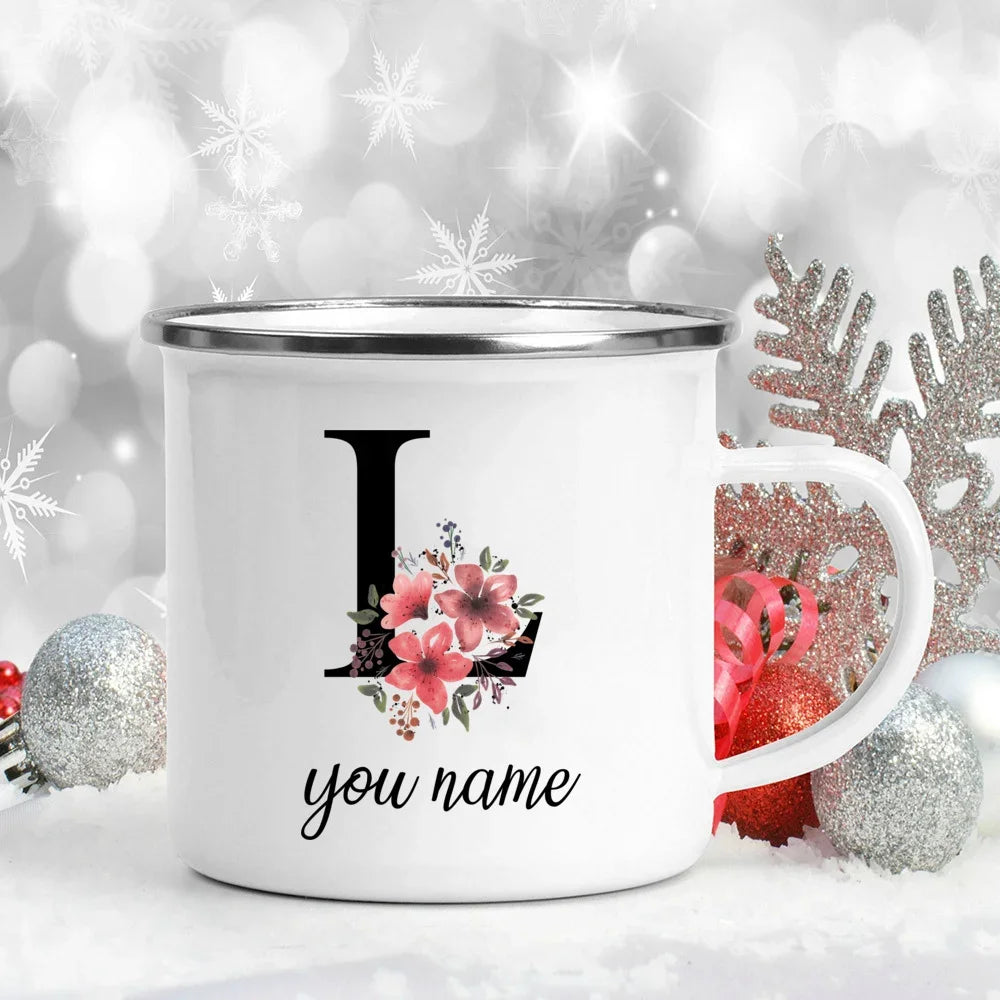 Caneca Esmaltada Personalizada com Nome e Flor
