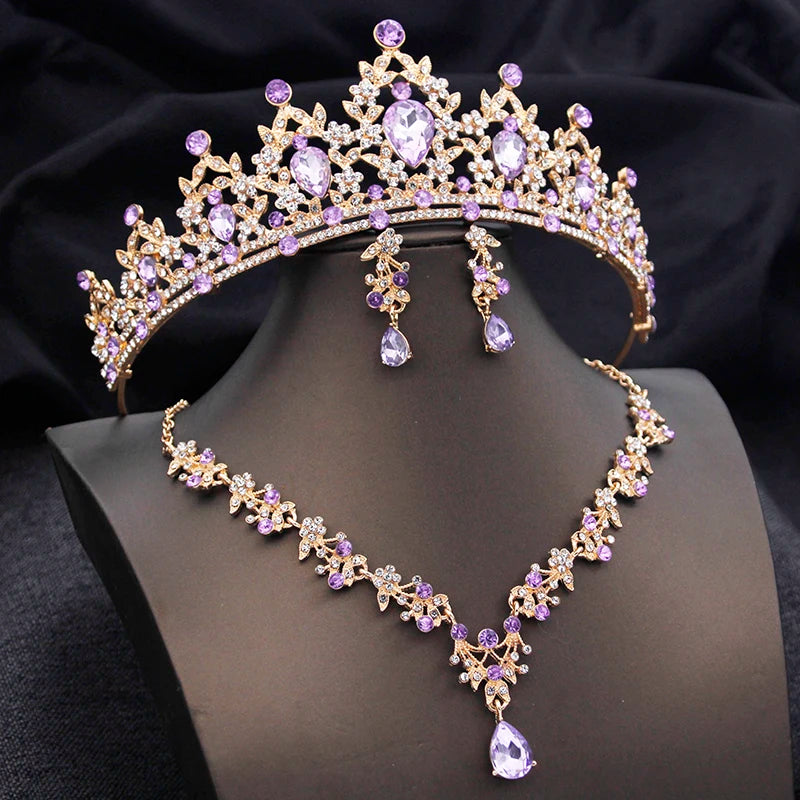 Conjunto de Joias de Princesa com Tiara Azul Opala – Coroa, Colar e Brincos