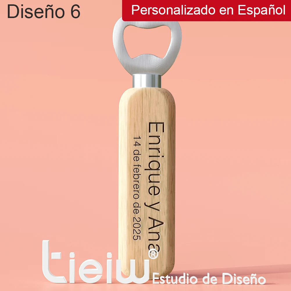 Abridores de Garrafa em Madeira Personalizados – Lembrança de Casamento (12 Peças)