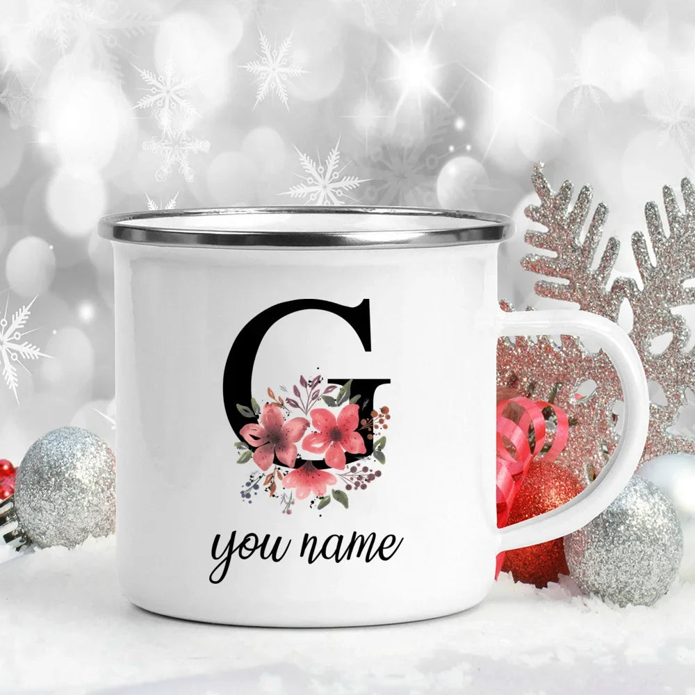 Caneca Esmaltada Personalizada com Nome e Flor