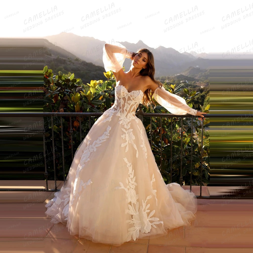 Vestido de Noiva Luxuoso Ombro a Ombro em Tule com Aplicações